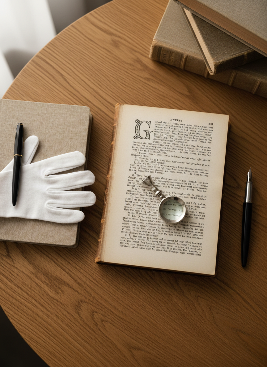 An overhead photographic view of a careful appraisal setup on a clean, medium-toned wooden table. At the center lies an open vintage book with slightly yellowed, beautifully typeset pages and a decorative initial. Around it are neatly arranged professional tools: a linen-bound notebook, a fine-point pen, a soft cotton glove, and a jeweler’s loupe resting near the spine. Cool, indirect daylight from a nearby window creates soft, shadowless illumination, emphasizing paper texture and print clarity. The background is uncluttered, with only the faint edge of a closed stack of books visible at the top of the frame. The composition is balanced and methodical, conveying precision, trust, and care in appraisal work, rendered in clear, high-resolution photographic realism.