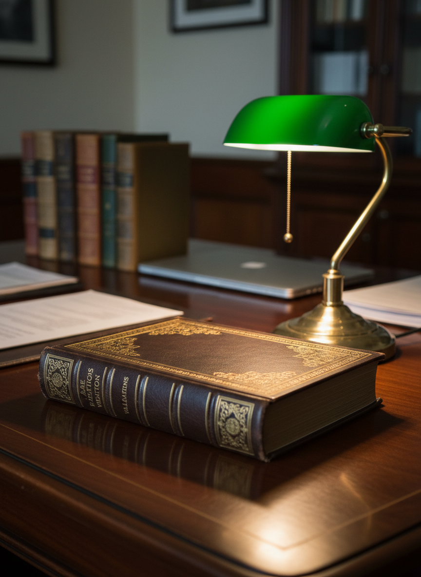 A close-up, photographic shot of a single distinguished vintage book lying on a smooth, dark walnut desk, its deep brown leather cover showing gentle wear, fine grain texture, and ornate gold tooling along the spine and borders. Next to it rests a small, classic brass desk lamp with a green glass shade, turned on, casting warm, focused light across the book’s cover and creating a subtle reflective sheen on the gold details. The surrounding office environment is softly blurred: tidy stacks of books, a closed laptop, and organized papers hint at professional activity. Captured from a low, three-quarter angle, with shallow depth of field, the mood is serious, refined, and businesslike, emphasizing expertise in vintage book sales and valuations.