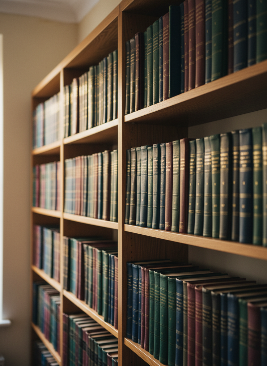 A long, polished oak bookshelf filled with neatly arranged vintage hardcover books in deep burgundy, forest green, and navy cloth bindings, many with gilded titles and delicate embossing. The shelves stand against a softly textured cream wall in a quiet study. Warm afternoon light filters in from an unseen window to the left, casting gentle highlights on the gilt lettering and subtle shadows between the volumes. Shot at eye level with a shallow depth of field, the central spines are in crisp focus while the foreground and background blur softly. The atmosphere is calm, professional, and inviting, captured in clean, photographic realism suitable for a refined book business homepage.