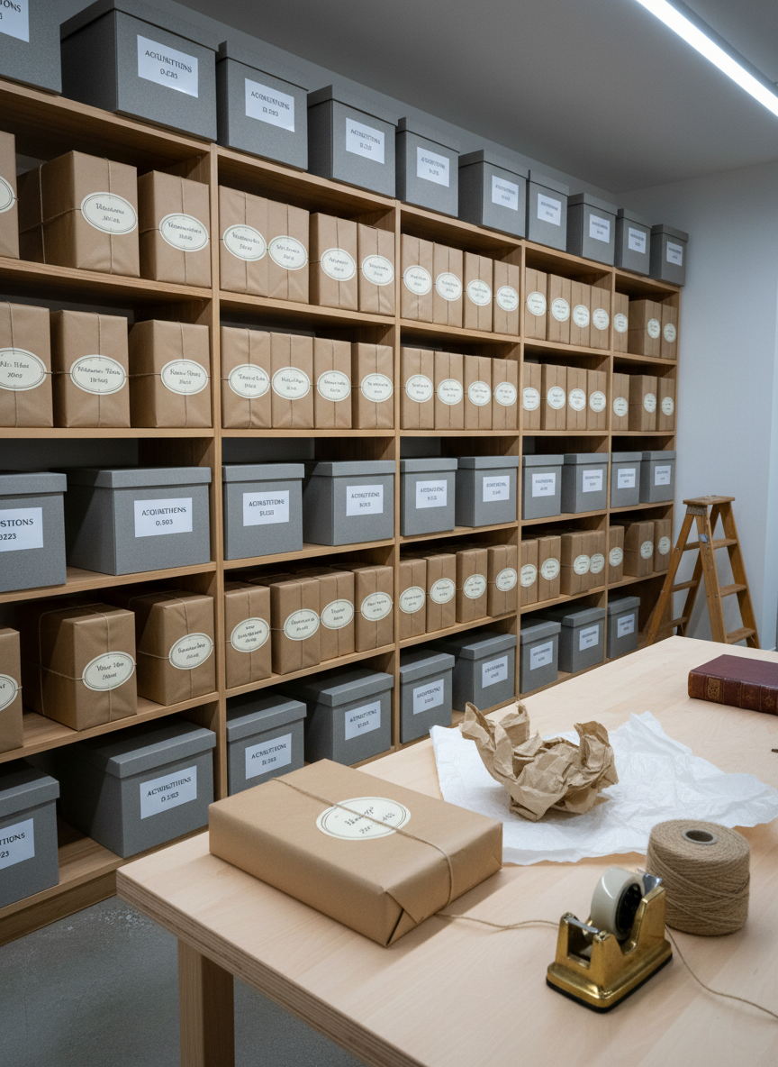 A meticulously organized backroom inventory scene featuring rows of well-labeled archival boxes and sturdy wooden shelving stacked with vintage book shipments, each wrapped in brown kraft paper and sealed with neat labels bearing handwritten titles and dates. In the foreground, a single parcel rests on a clean packing table alongside acid-free tissue paper and a roll of twine. Cool, even overhead lighting creates a neutral, professional ambiance with minimal shadows, emphasizing order and reliability. Captured from a slightly elevated angle with sharp focus throughout, the composition highlights structure and workflow. The atmosphere is efficient, trustworthy, and business-focused, illustrating the behind-the-scenes logistics of a serious vintage book dealer in realistic, documentary-style photography.