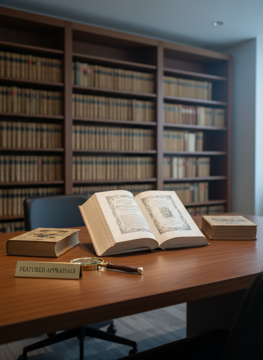 An elegantly arranged wooden display table featuring a small, carefully curated selection of rare vintage books, each opened slightly to reveal creamy, deckle-edged pages and intricate title pages. A discreet brass plaque labeled “Featured Appraisals” rests beside a magnifying glass with a dark wooden handle. The table sits in a minimalist, well-organized office space, with built-in bookshelves softly blurred in the background. Cool, diffused studio lighting from above and to the right creates even illumination with subtle, professional shadows. Photographed from a slightly elevated angle, the composition uses the rule of thirds to draw the eye to the central open volume. The mood is precise, trustworthy, and scholarly, rendered in clean photographic realism.